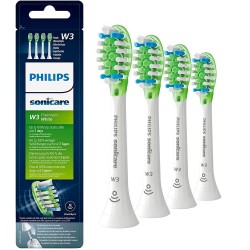 Philips комплект резервни глави Sonicare W3 Premium White Стандартни, 4 бр. в опаковка, Стандартен размер, Поставяне с щракване, Сдвояване в режим BrushSync, цвят бял