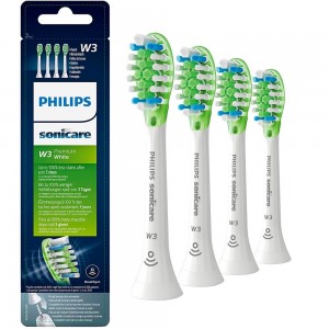 Philips комплект резервни глави Sonicare W3 Premium White Стандартни, 4 бр. в опаковка, Стандартен размер, Поставяне с щракване, Сдвояване в режим BrushSync, цвят бял
