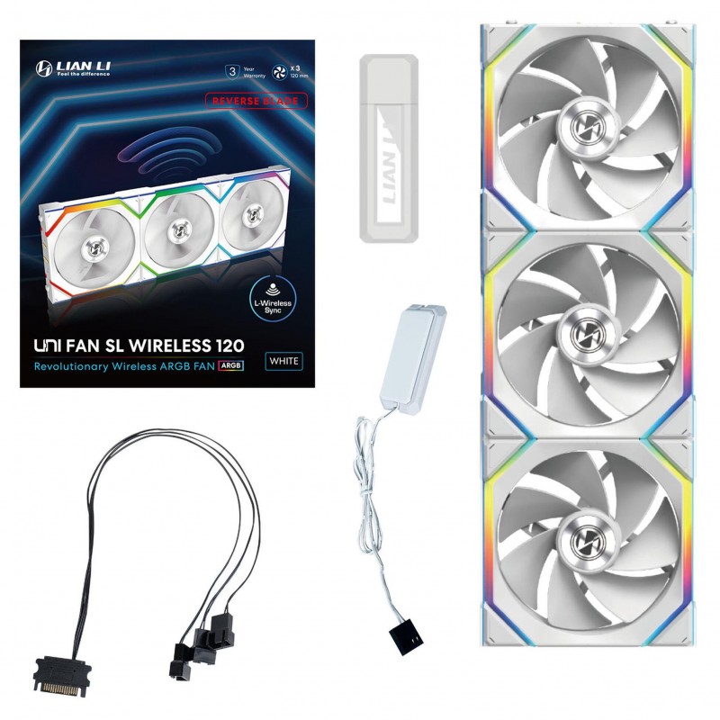 Вентилатори 3бр Lian Li UNI FAN SL Wireless ARGB PWM Reverse Blade - 120 mm Бели + Контролер, LL-FAN-LULI-094