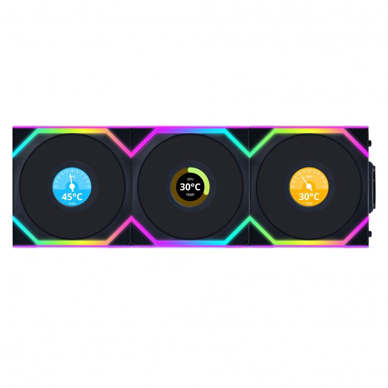 Вентилатори 3бр Lian Li UNI FAN SL Wireless LCD Reverse Blade ARGB PWM - 120 mm Черни, LL-FAN-LULI-101