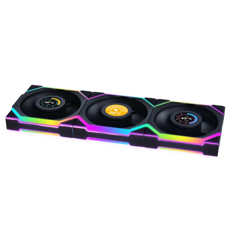 Вентилатори 3бр Lian Li UNI FAN SL Wireless LCD Reverse Blade ARGB PWM - 120 mm Черни, LL-FAN-LULI-101