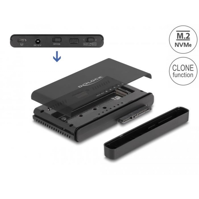 Конвертор Delock, USB-C - 1 x M.2 NVMe SSD + 1 x SATA SSD / HDD, Функция клониране, DELOCK-64190