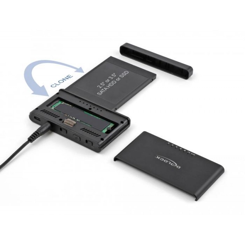 Конвертор Delock, USB-C - 1 x M.2 NVMe SSD + 1 x SATA SSD / HDD, Функция клониране, DELOCK-64190