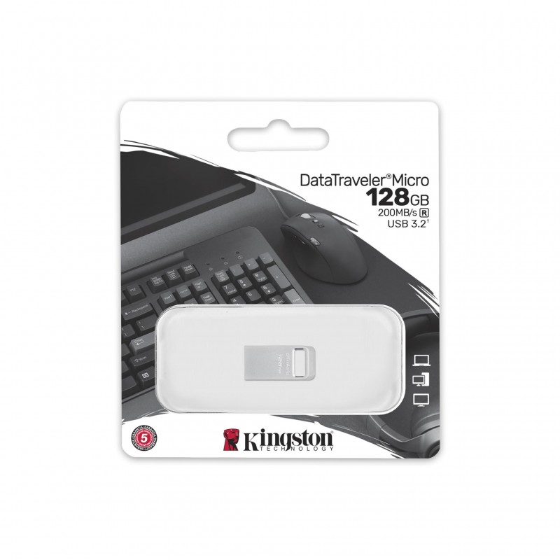 USB памет KINGSTON DataTraveler Micro, 128GB, USB-A 3.2 Gen 1, Сребрист, KIN-USB-DTMC3G2-128GB