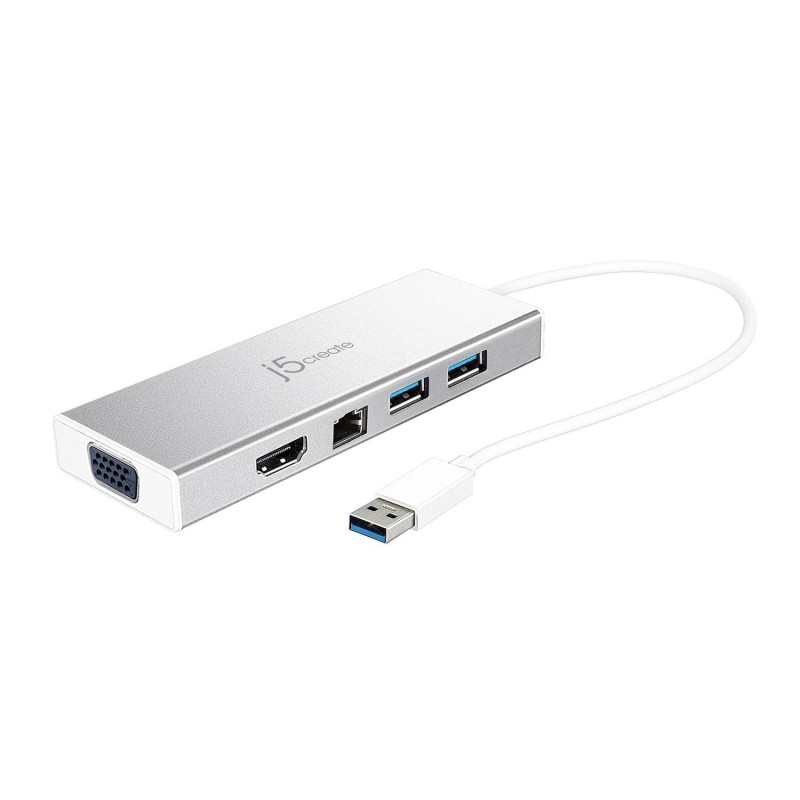 6-портов хъб j5create Mini Dock JUD380, USB 3.0, Gigabit Ethernet, HDMI, VGA, USB-B, Бял, J5-JUD380