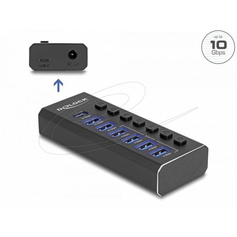 Delock 7 портов USB хъб с 3 порта 10 Gbps и 4 Портове за бързо зареждане 5 Gbps сс