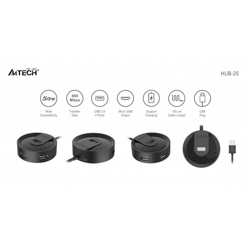 USB хъб A4tech HUB-20, 4 портов, USB 2.0, 480 Mbit/s, Черен, A4-HUB-20-USB2