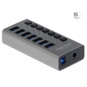 USB хъб Delock 63669, 7 x USB-A, 1 x USB-B, 5 Gbps, Превключвател, LED индикатор, Сив
