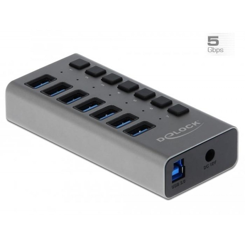 USB хъб Delock 63669, 7 x USB-A, 1 x USB-B, 5 Gbps, Превключвател, LED индикатор, Сив, DELOCK-63669