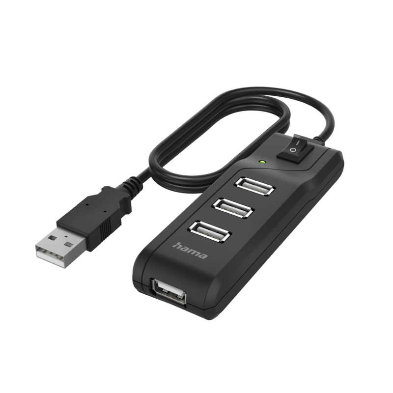 USB хъб HAMA, С бутон вкл./изкл., USB 2.0, 1:4, 480 Mbit/s, черен, HAMA-200118