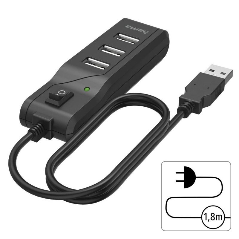 USB хъб HAMA, С бутон вкл./изкл., USB 2.0, 1:4, 480 Mbit/s, черен, HAMA-200118