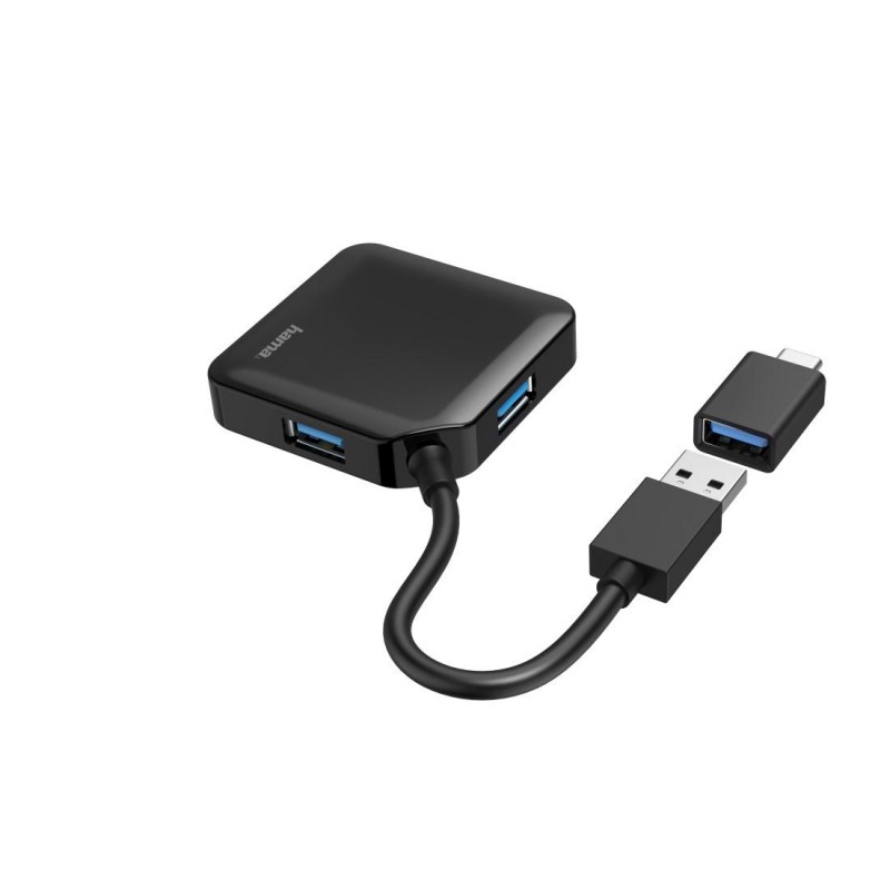 USB хъб HAMA, USB-А 4-портов, USB 3.2 Gen 1, 5 Gbit/s, USB-C адаптер, Черен-HAMA-200116