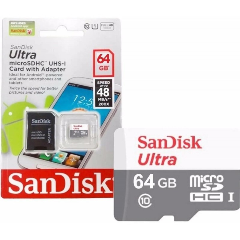 Карта памет SANDISK Ultra microSDHC UHS-I, 64GB, Class 10, 80Mb/s, Адаптер-SD-SDSQUNR-064G-GN3MA