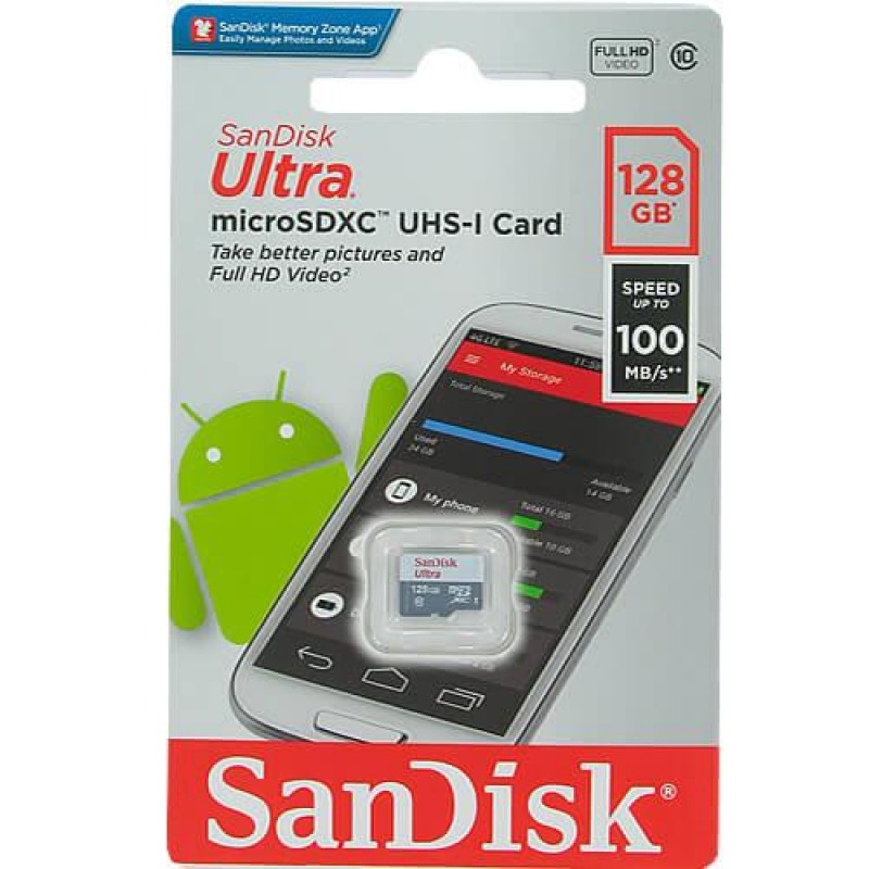 Карта памет SANDISK Ultra microSDXC UHS-I, 128GB, Class 10, 100Mb/s, Адаптер, SD-SDSQUNR-128G-GN3MN
