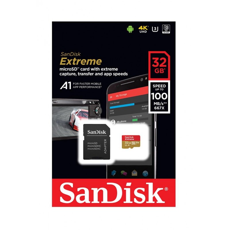 Карта памет Sandisk Extreme® microSDHC Card, 32GB, SD Adapter, Class 10, U3-SDSQXAF-032G-GN6MA