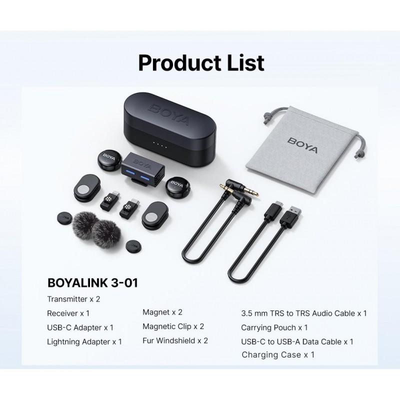 Безжична система микрофони BOYA BOYALINK 3-01 with lightning+USB-C +3.5mm TRS plug
