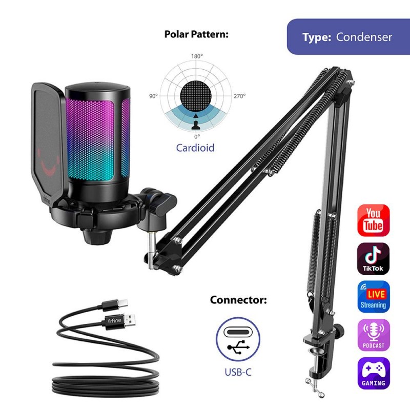 Микрофон със стойка FIFINE A6T RGB - Black