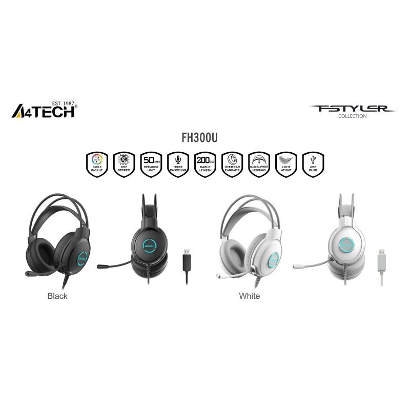 А4tech Fstyler FH300U Слушалки с микрофон USB, Noice Cancelling, бял, A4-HEAD-FH300U-WHITE