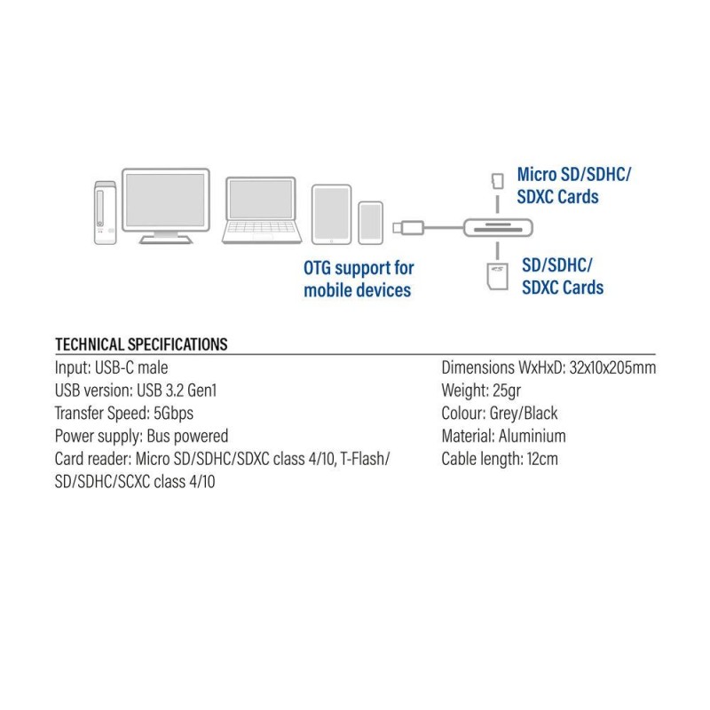 Четец за SD / micro SD карти ACT AC7056, SDXC, USB-C, EWENT-ACT-AC7056