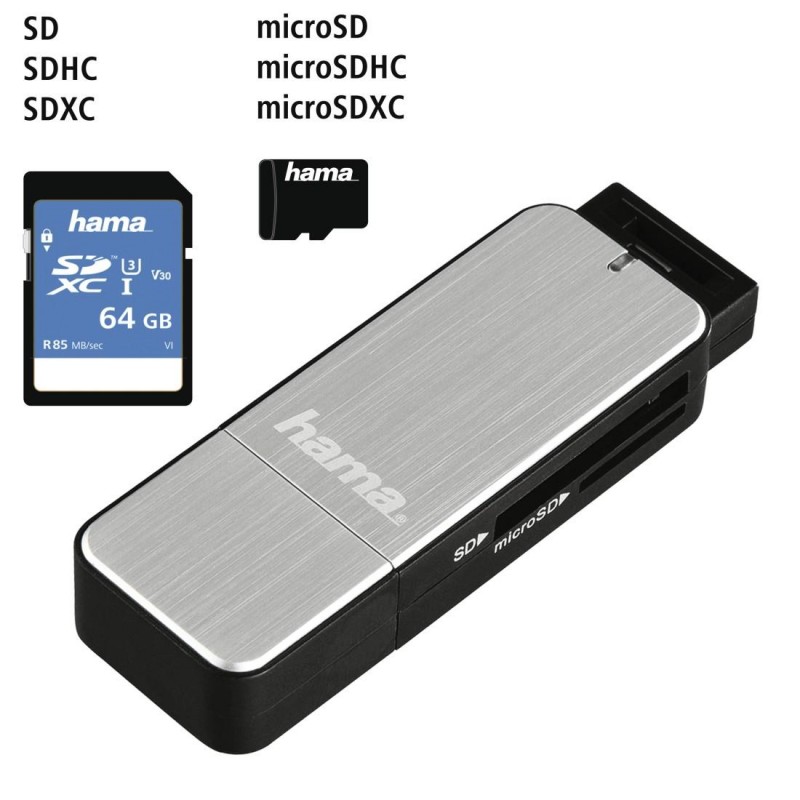 Четец за карти HAMA 123900, USB 3.0, SD/microSD, сребрист-HAMA-123900