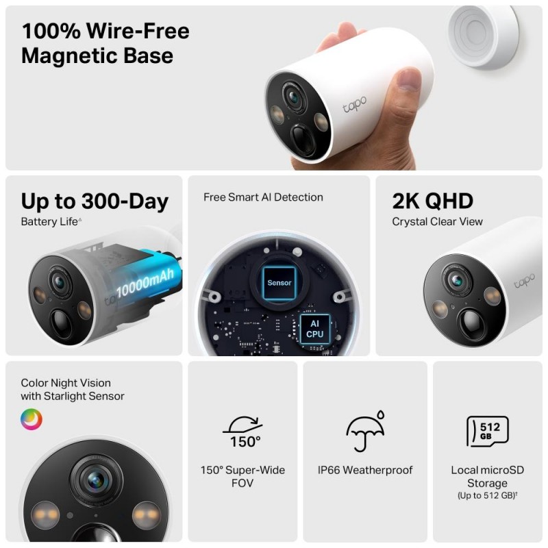 Охранителна WiFi камера TP-Link Tapo C425, Външен/вътрешен монтаж, WiFi, TP-TL-CAM-TAPO-C425