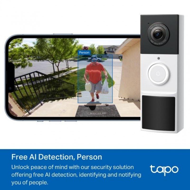 TP LINK нтелигентен видео звънец за врата Tapo D210, 2K QHD (2560×1440),160° зрителен ъгъл, microSD до 512 GB, 2.4Ghz, AI-разпознаване