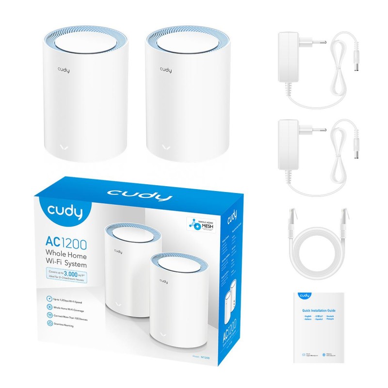 Безжичен рутер Cudy M1200 2, AC1200 Dual Band, 2.4/5 GHz, 300 -  867 Mbps, 2 броя, CUDY-ROUT-M1200-2