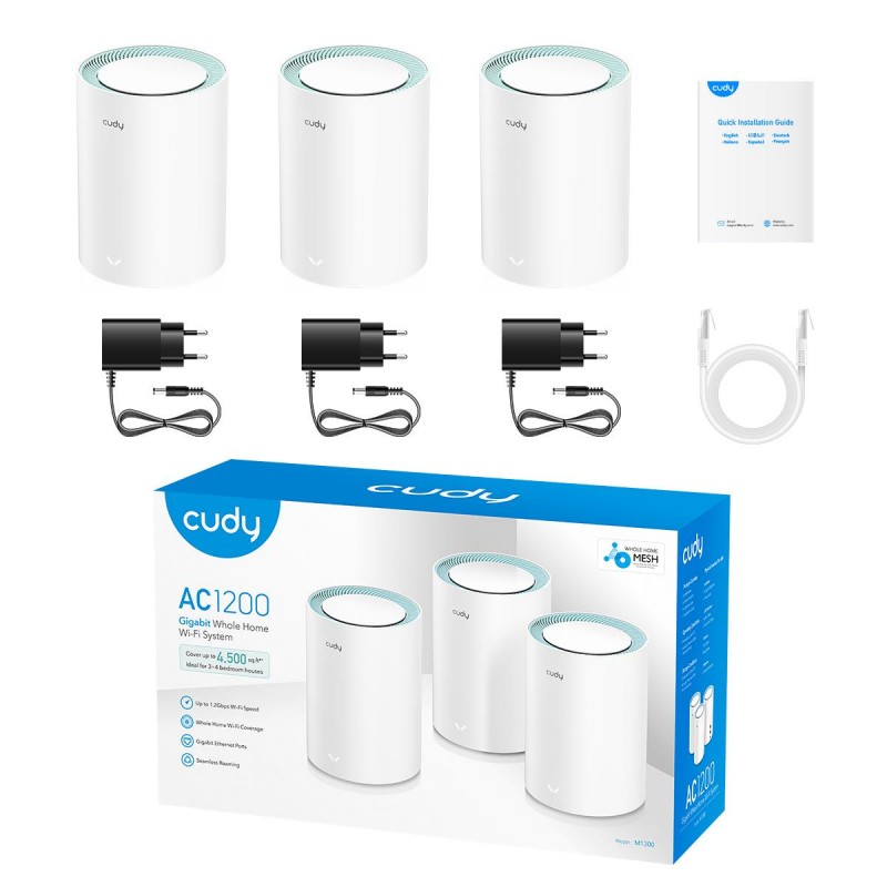 Безжичен рутер Cudy M1300, 3-pack, AC1200 Dual Band, 2.4/5 GHz, 300 -  867 Mbps, CUDY-ROUT-M1300-3