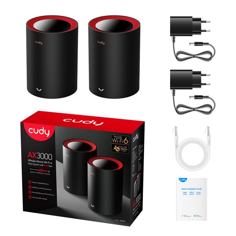 Безжична MESH система Cudy M3000, 2 броя, AX3000 Dual Band, 2.4/5 GHz, 574 -  2402 Mbps, CUDY-ROUT-M3000-2