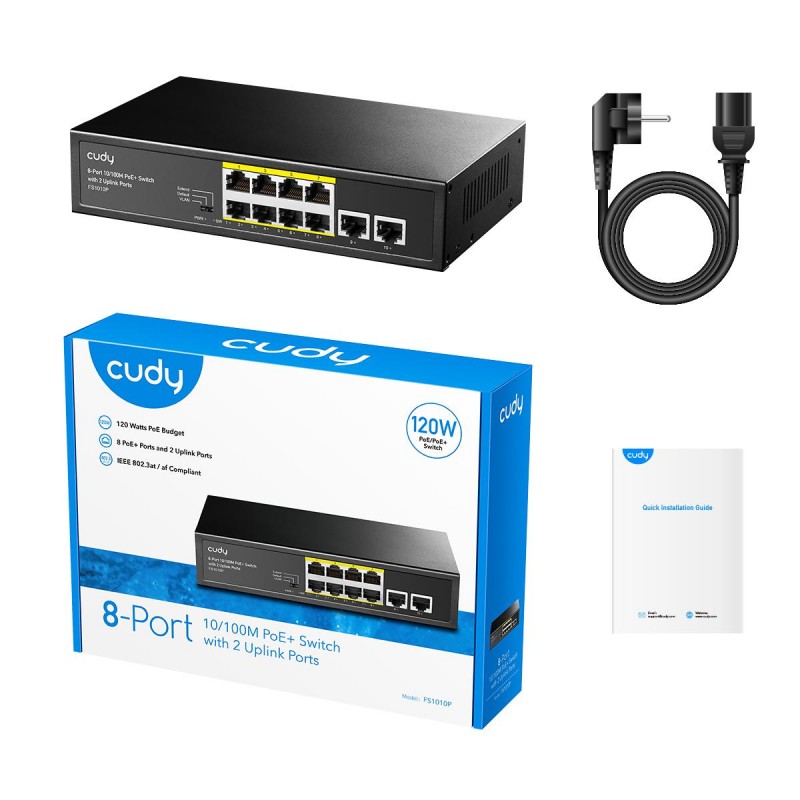 Суич Cudy FS1010P, 8 портов, 10/100, PoE+ Switch 150W, 2 x Uplink порта,  CUDY-SWITCH-FS1010P