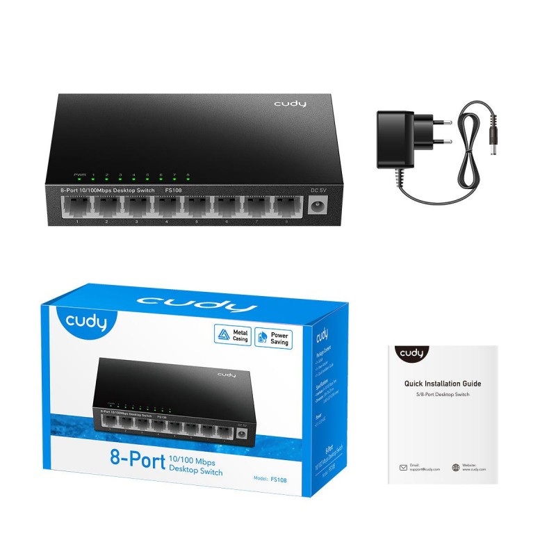 Суич Cudy FS108, 8-портов 10/100 Mbps RJ 45, Метален корпус, Черен, CUDY-SWITCH-FS108
