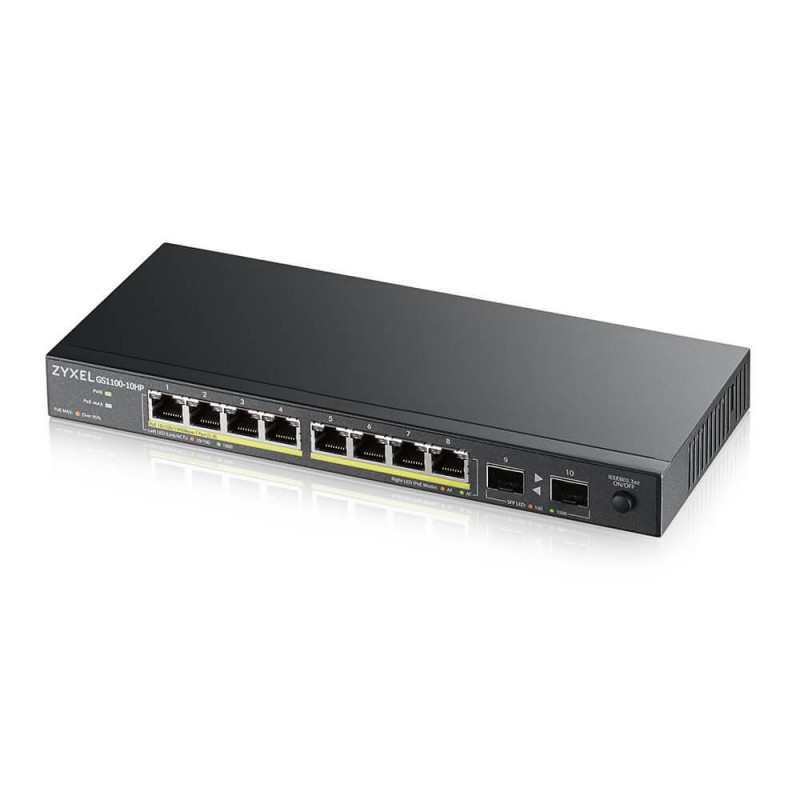 Суич ZYXEL GS1100-10HP, 8-портов, Gigabit, PoE, 2xSFP, за монтиране в шкаф, ZYXEL-GS1100-10HP
