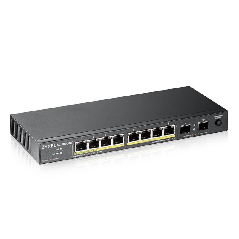 Суич ZYXEL GS1100-10HP, 8-портов, Gigabit, PoE, 2xSFP, за монтиране в шкаф, ZYXEL-GS1100-10HP
