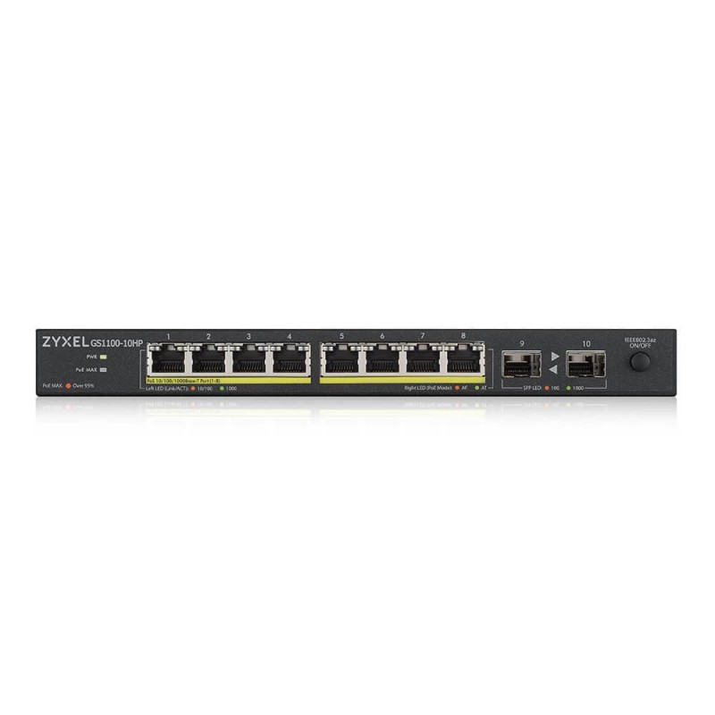 Суич ZYXEL GS1100-10HP, 8-портов, Gigabit, PoE, 2xSFP, за монтиране в шкаф, ZYXEL-GS1100-10HP