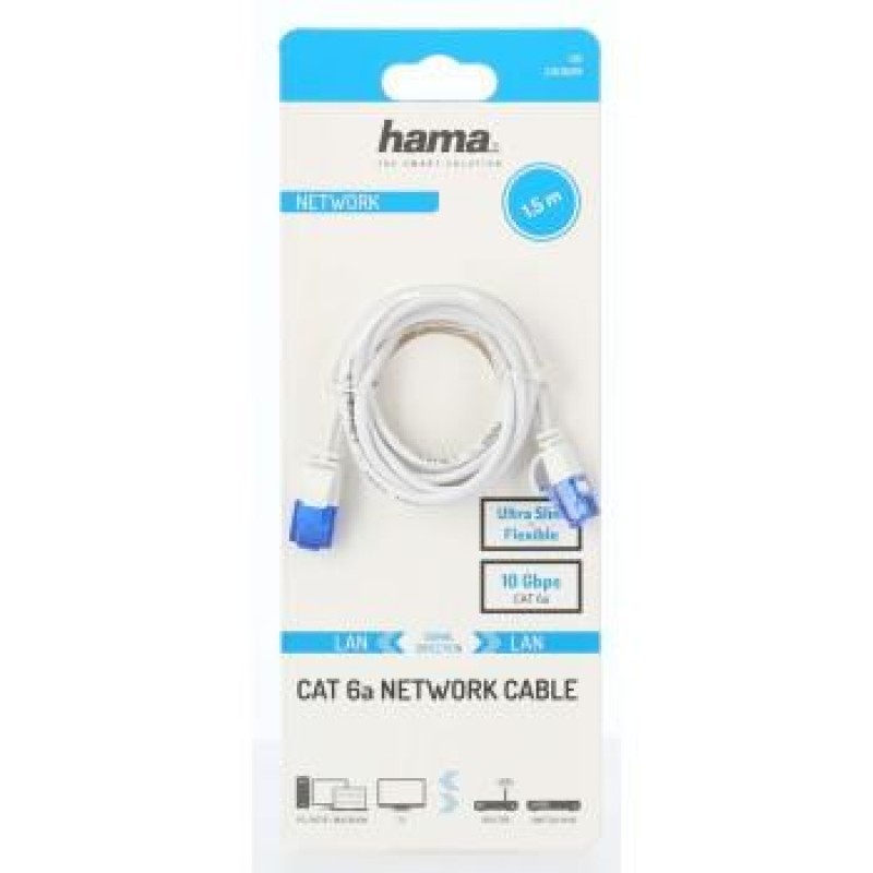 Мрежов кабел HAMA Flexi-Slim, U/UTP CAT 6a, 10 Gbit/s, RJ-45 - RJ45, 1.50 m, Бял, HAMA-200689