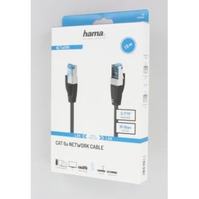Мрежов пач кабел HAMA S/FTP, CAT 6a, RJ-45 - RJ-45, 10Gbit/s, 1.5 m, Черен-HAMA-200680