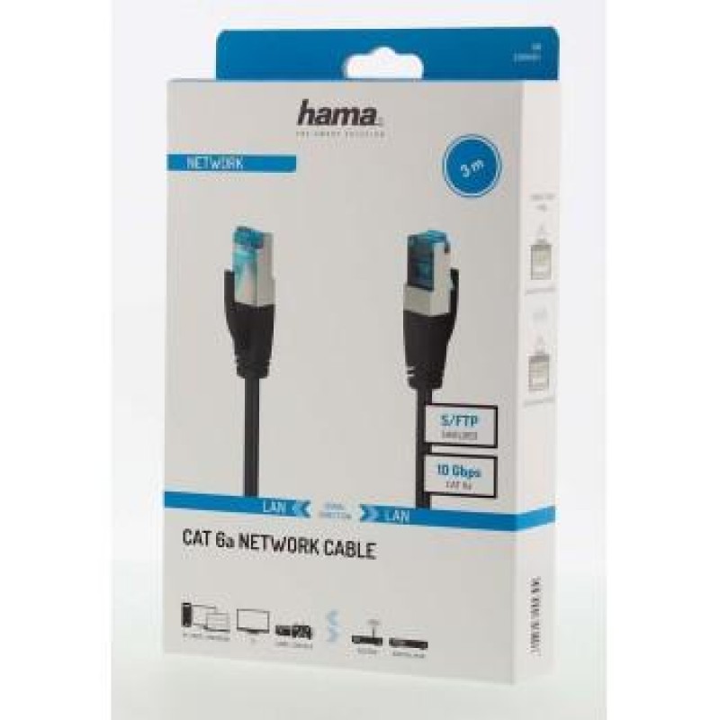 Мрежов пач кабел HAMA S/FTP, CAT 6a, RJ-45 - RJ-45, 10Gbit/s, 3.0 m, Черен-HAMA-200681