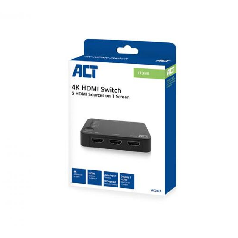 HDMI суич ACT AC7841, 5/1, 3D, 4K@60Hz, Черен, EWENT-ACT-SPLIT-AC7841