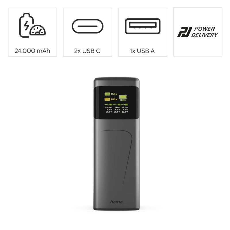 HAMA Външна батерия “High Power”, 150 W, 24000 mAh, 2x USB-C, USB-A, бързо зареждане