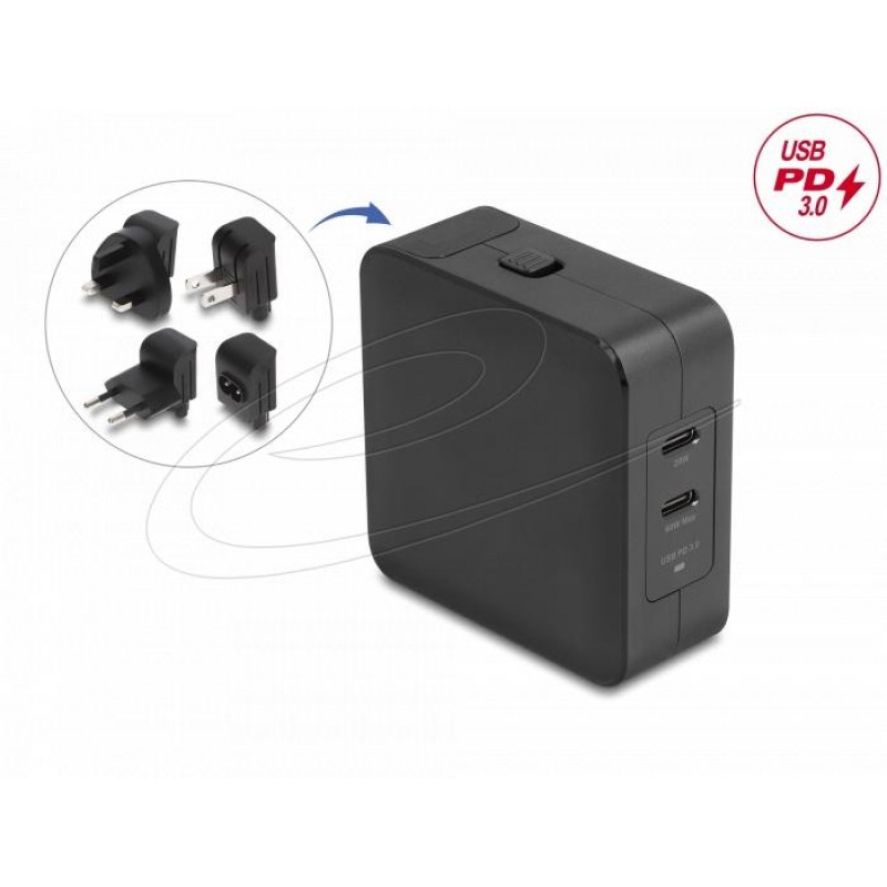 Delock Зарядно устройство GaN, 2 x USB-C, PD 65 W, адаптер за EU / US / UK, DELOCK-41443