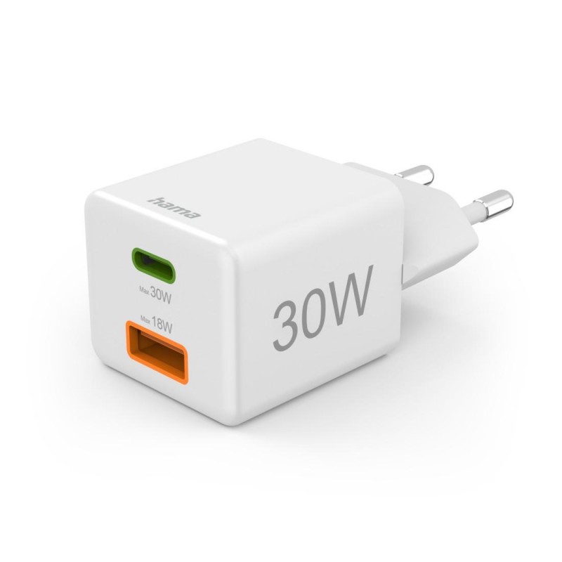 HAMA Бързо мини Gan зарядно, 30 W, 1x USB-C, 1x USB-A, PD, бял, HAMA-201992