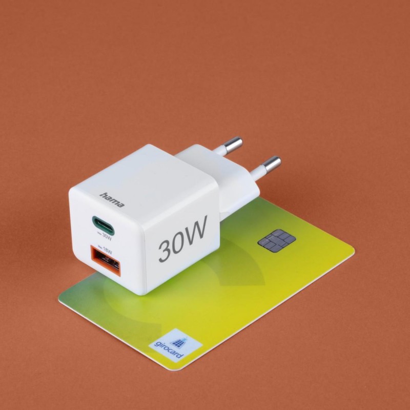 HAMA Бързо мини Gan зарядно, 30 W, 1x USB-C, 1x USB-A, PD, бял, HAMA-201992
