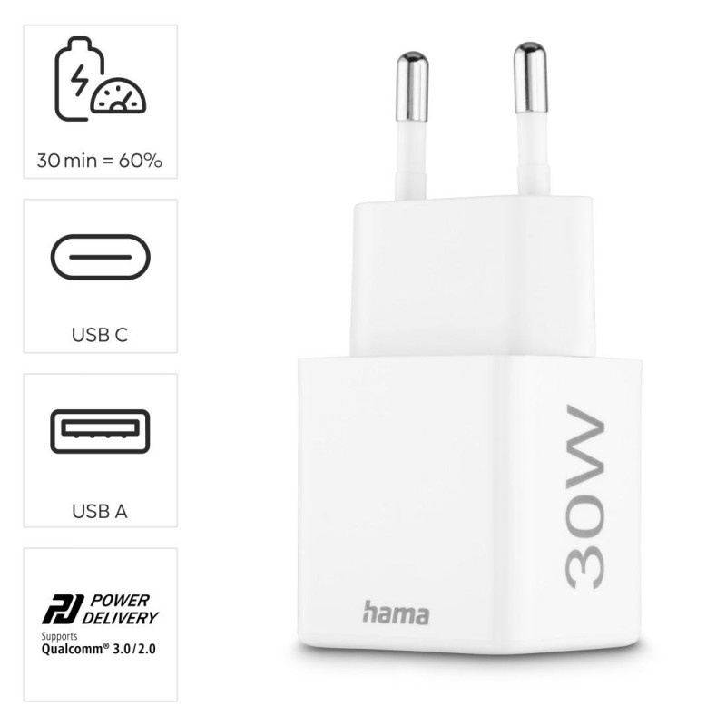 HAMA Бързо мини Gan зарядно, 30 W, 1x USB-C, 1x USB-A, PD, бял, HAMA-201992