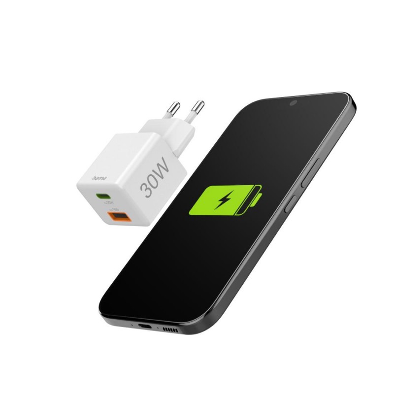 HAMA Бързо мини Gan зарядно, 30 W, 1x USB-C, 1x USB-A, PD, бял, HAMA-201992