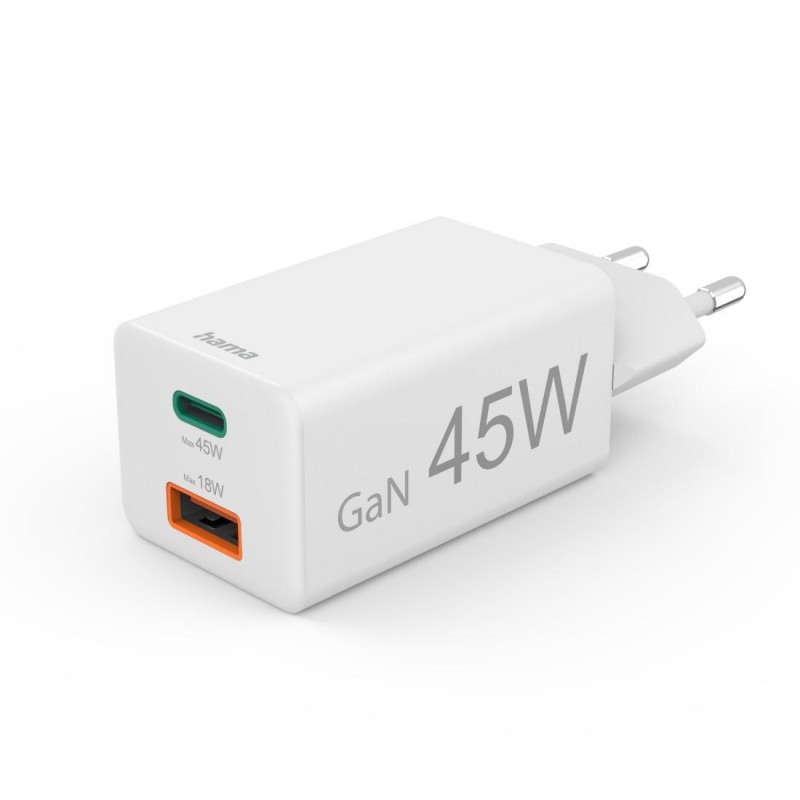 HAMA Бързо мини зарядно, 45 W, 1x USB-C - 1x USB-A, PD, бяло, HAMA-201993