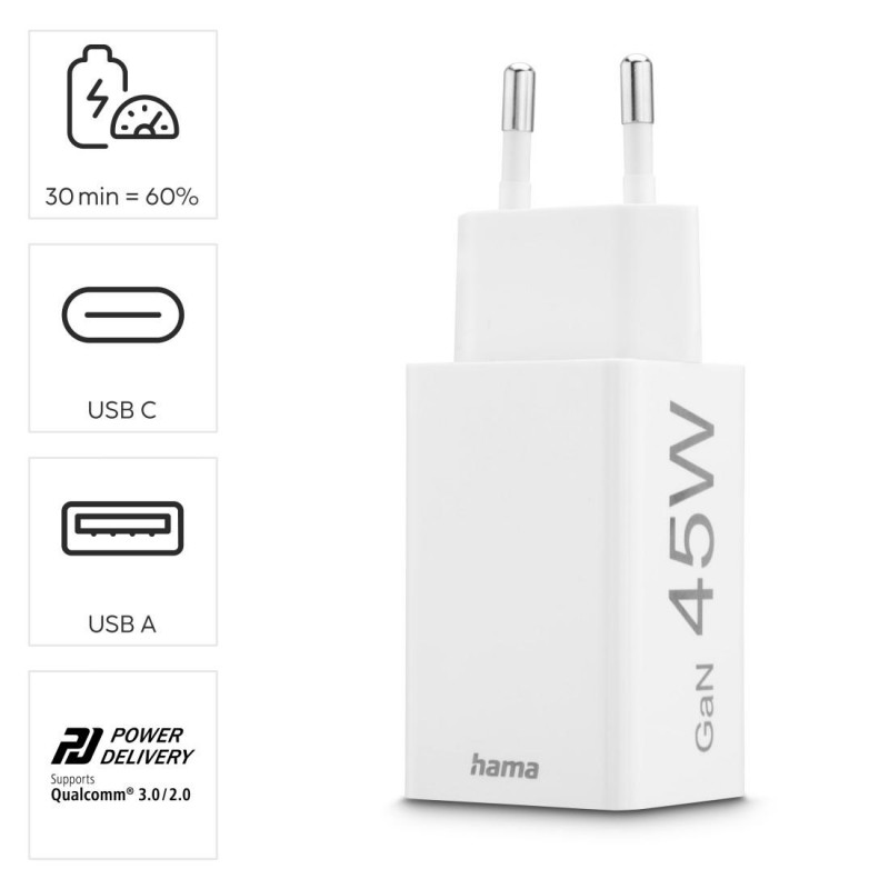 HAMA Бързо мини зарядно, 45 W, 1x USB-C - 1x USB-A, PD, бяло, HAMA-201993