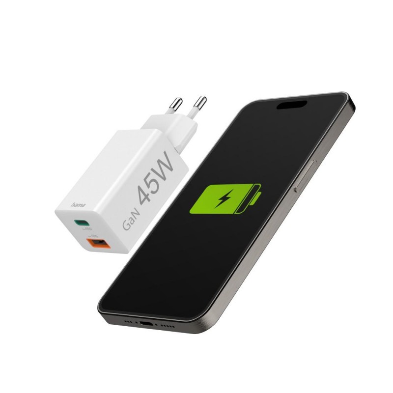 HAMA Бързо мини зарядно, 45 W, 1x USB-C - 1x USB-A, PD, бяло, HAMA-201993