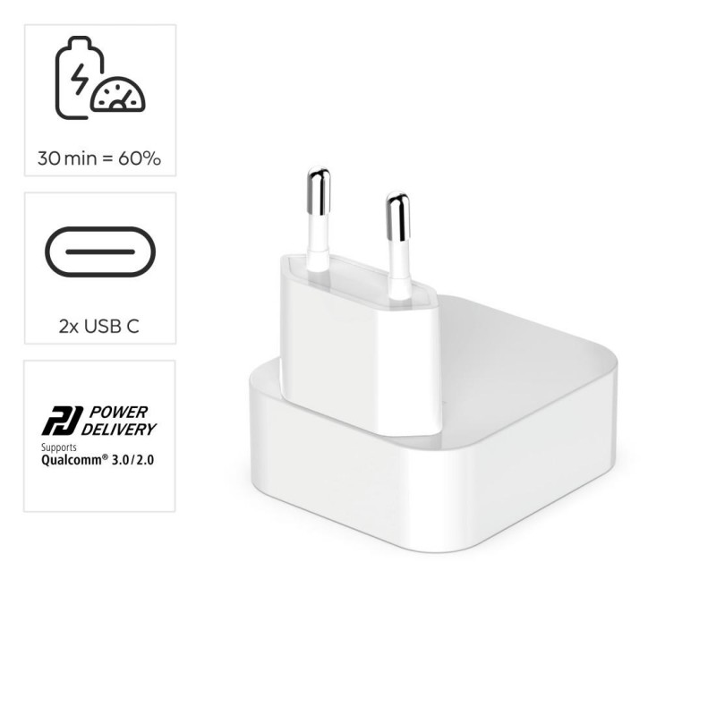 HAMA Бързо мини зарядно GaN, 2 x USB-C, PD, 40 W, сгъващ се адаптер, бял