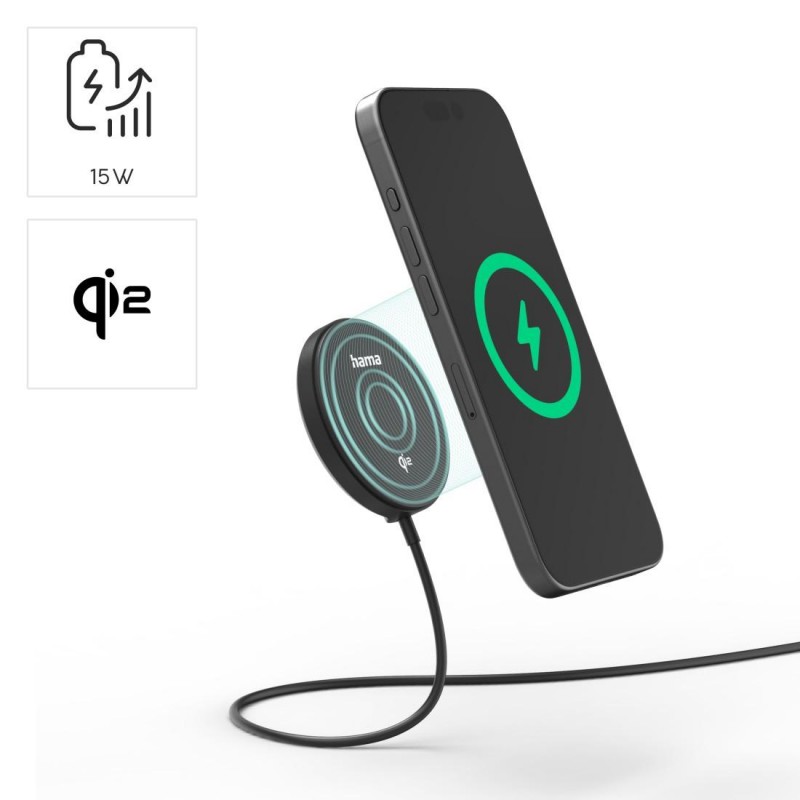 HAMA Безжично зарядно устройство Qi2, 15 W, черно, за Apple, HAMA-201725
