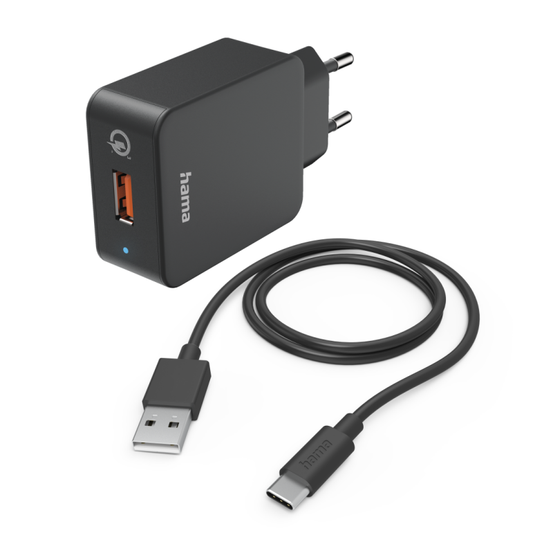 Мрежово зарядно HAMA, 220V, USB-C, Qualcomm, Quick Charge, 19.5W, Вкл. кабел, Черен, HAMA-201625